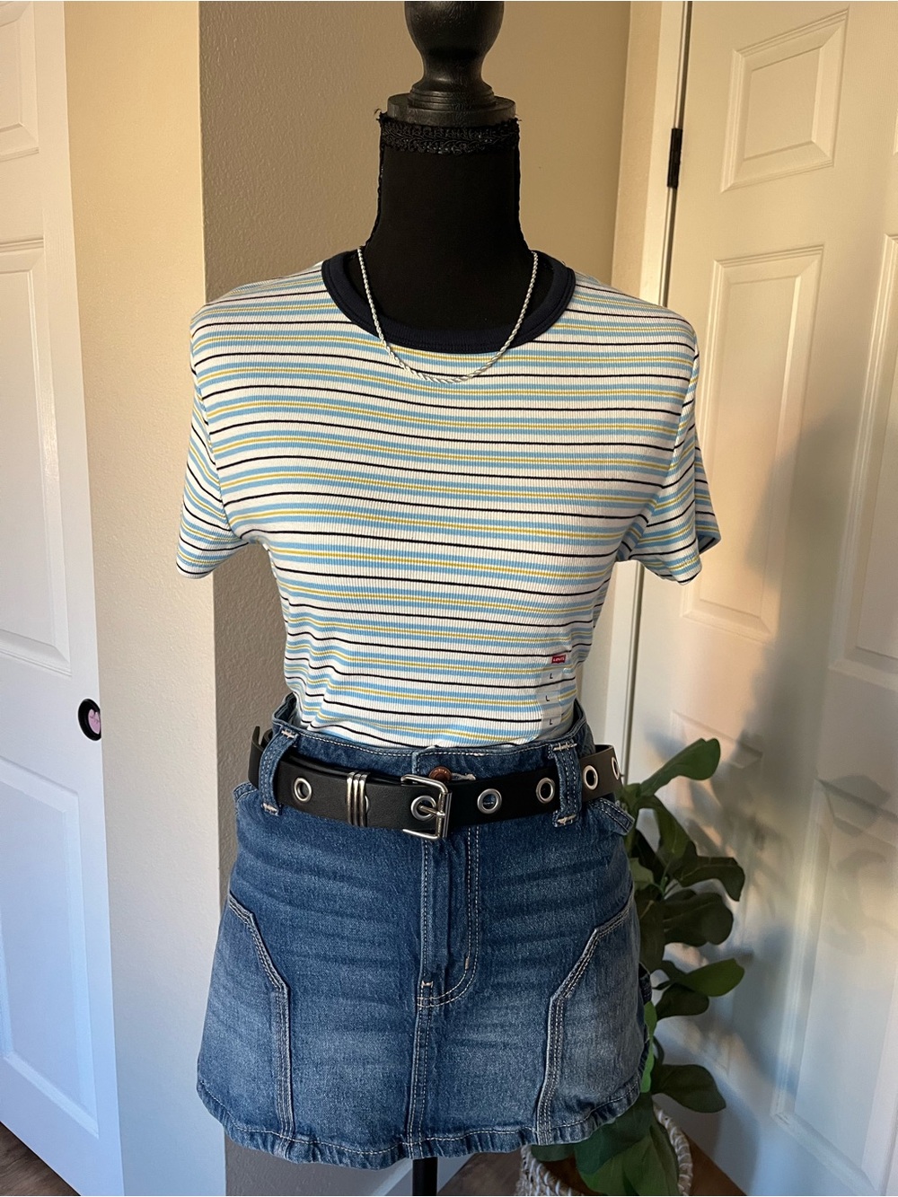 Levi’s Women’s Large Striped Ribbed Ringer T-Shirt Blue Yellow Y2K